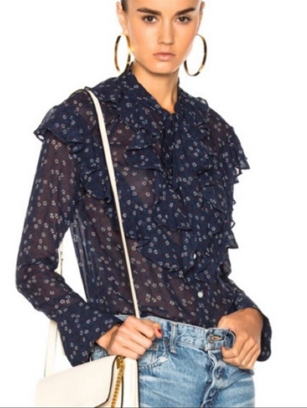 Veronica Beard Finley 100% Silk Floral Ruffle Tie Neck Blouse Navy Size 4